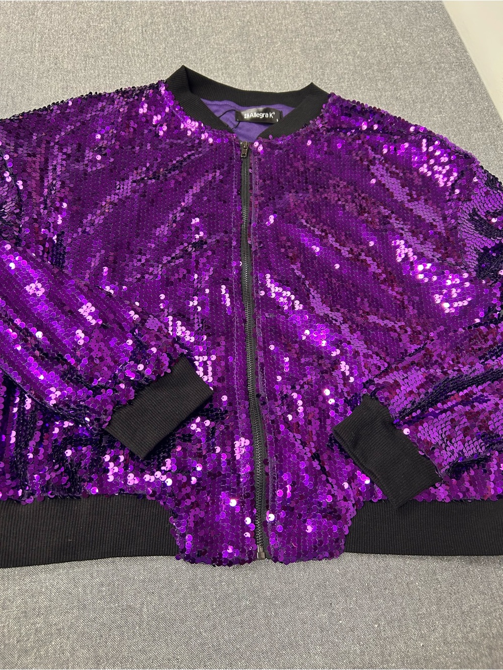 Allegra K Purple Sequin Bomber Jacket with Black Trim